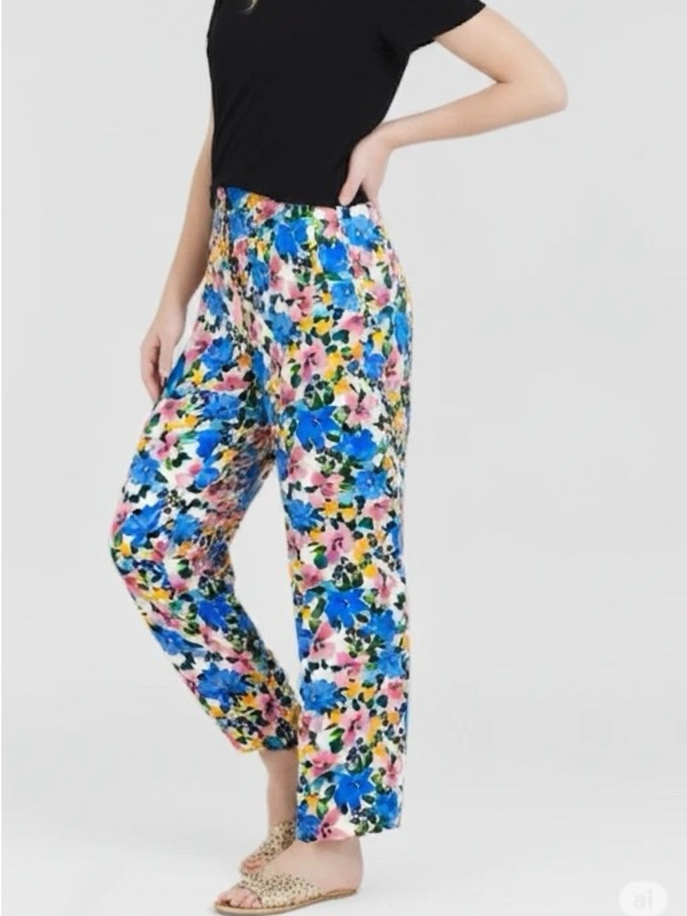 Zara Multicolor Floral Wide-Leg Pants - Blue, Pink, Yellow, Green, White